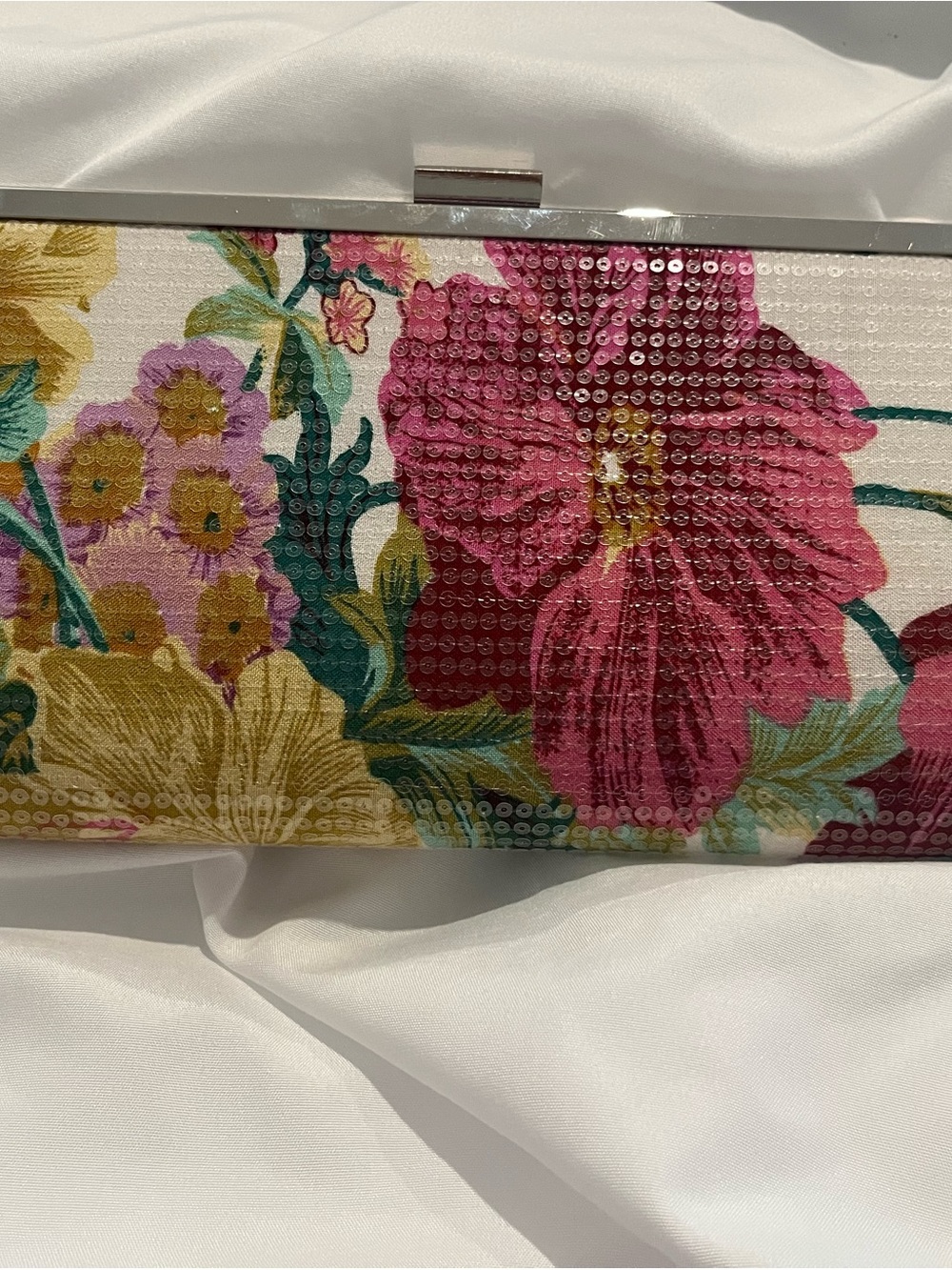 Floral Sequin Clutch Bag in Pink and Yellow